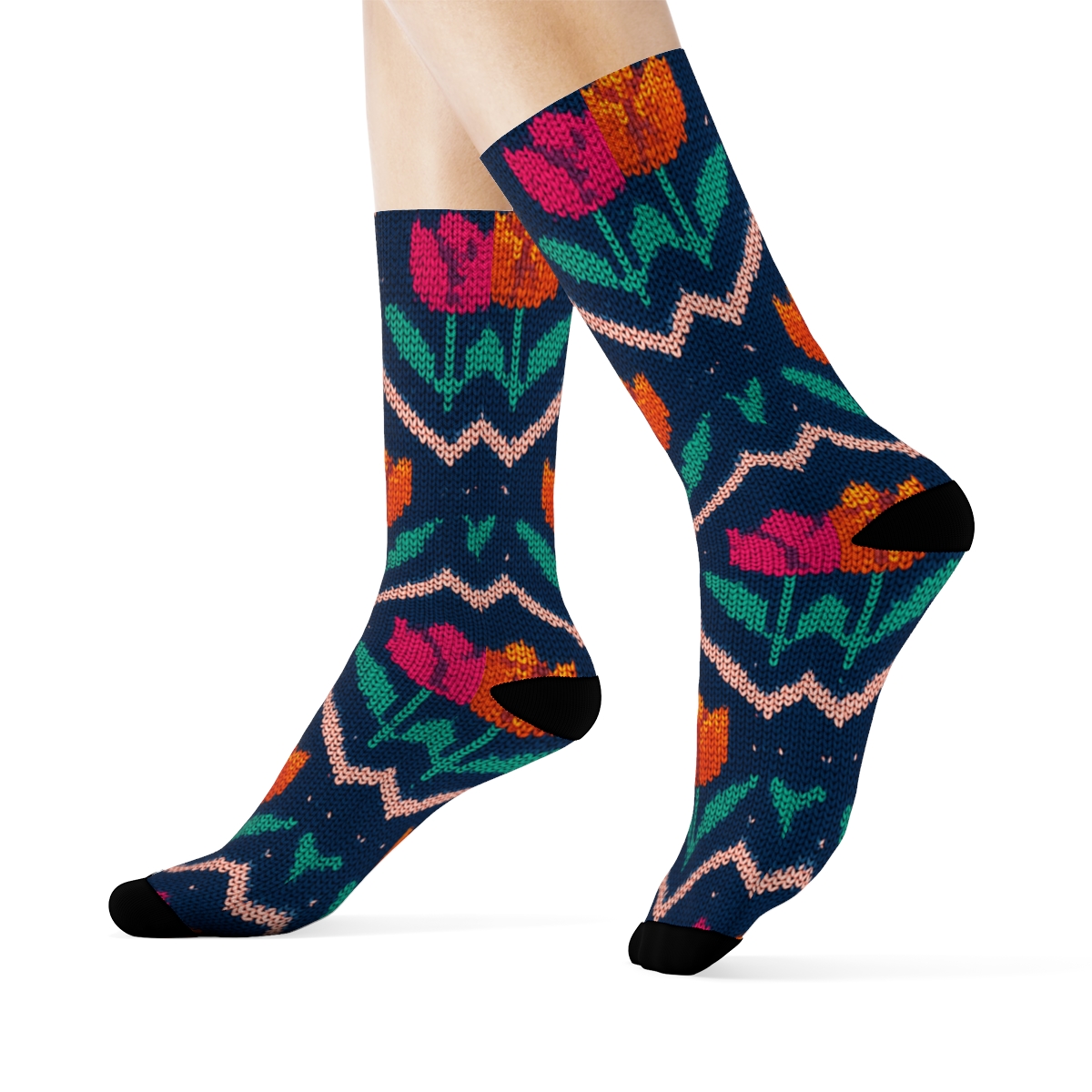 Sunset Tulip Chevron Knit On Navy Blue Background custom crew socks