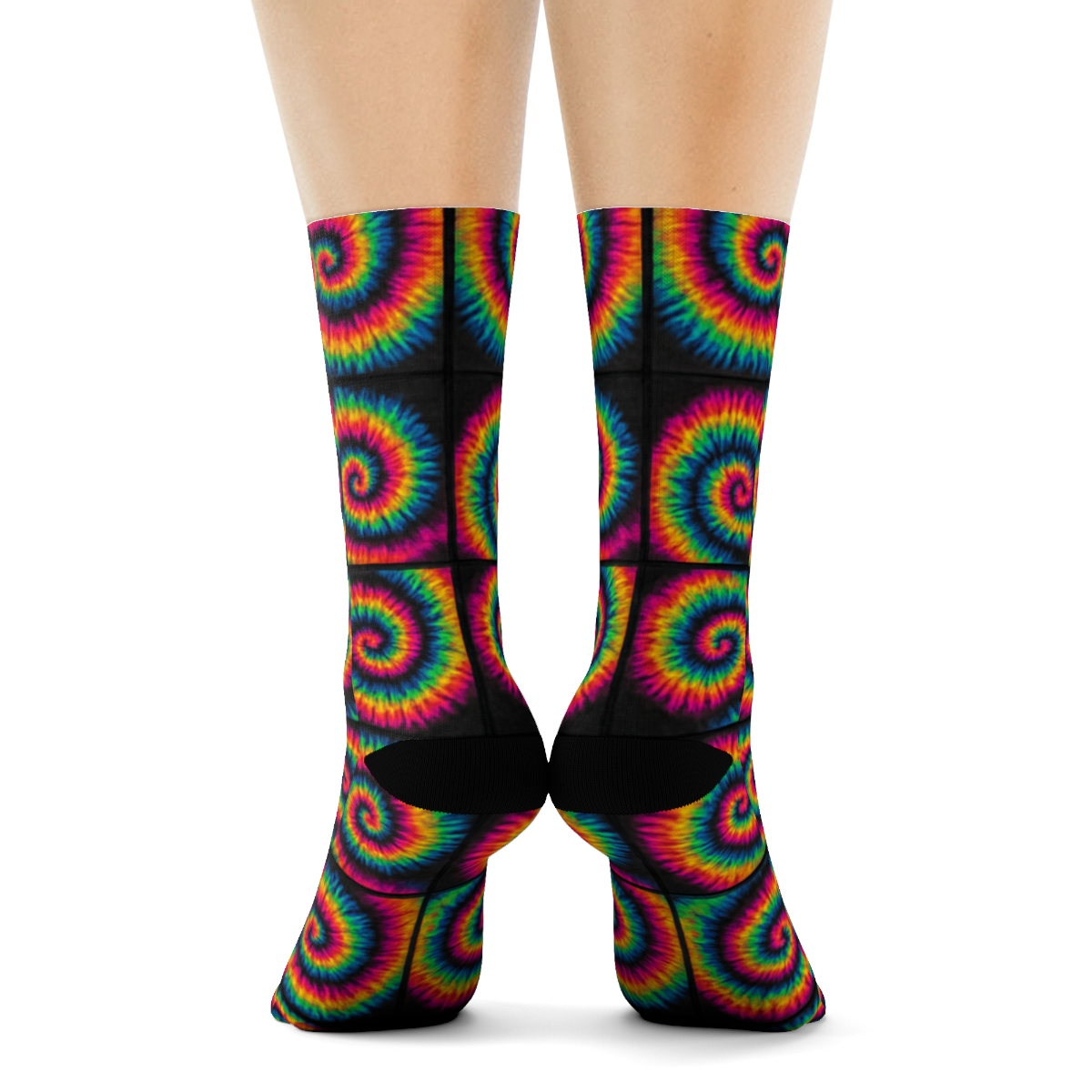 Neon Rainbow Spiral Tile Grid On Black Background personalized crew socks
