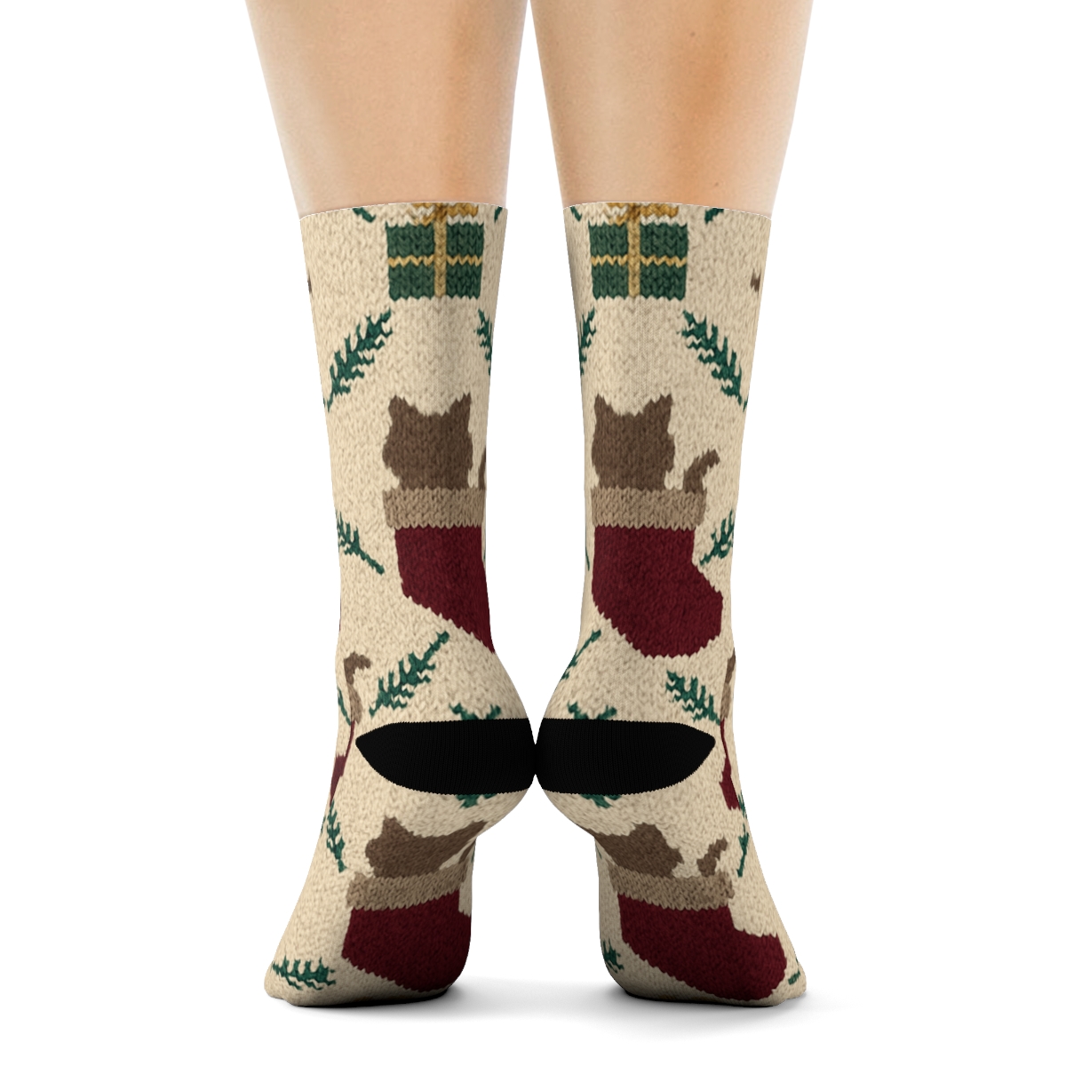 Knitted Stocking Cats Lattice On Cream Background unique graphic crew socks