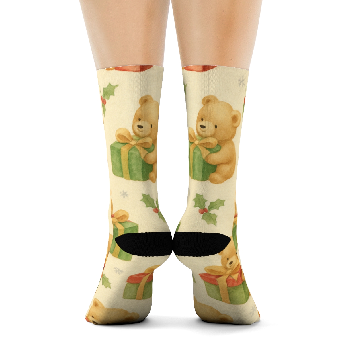 Watercolor Bear And Holly Scatter On Warm Cream Background custom crew socks