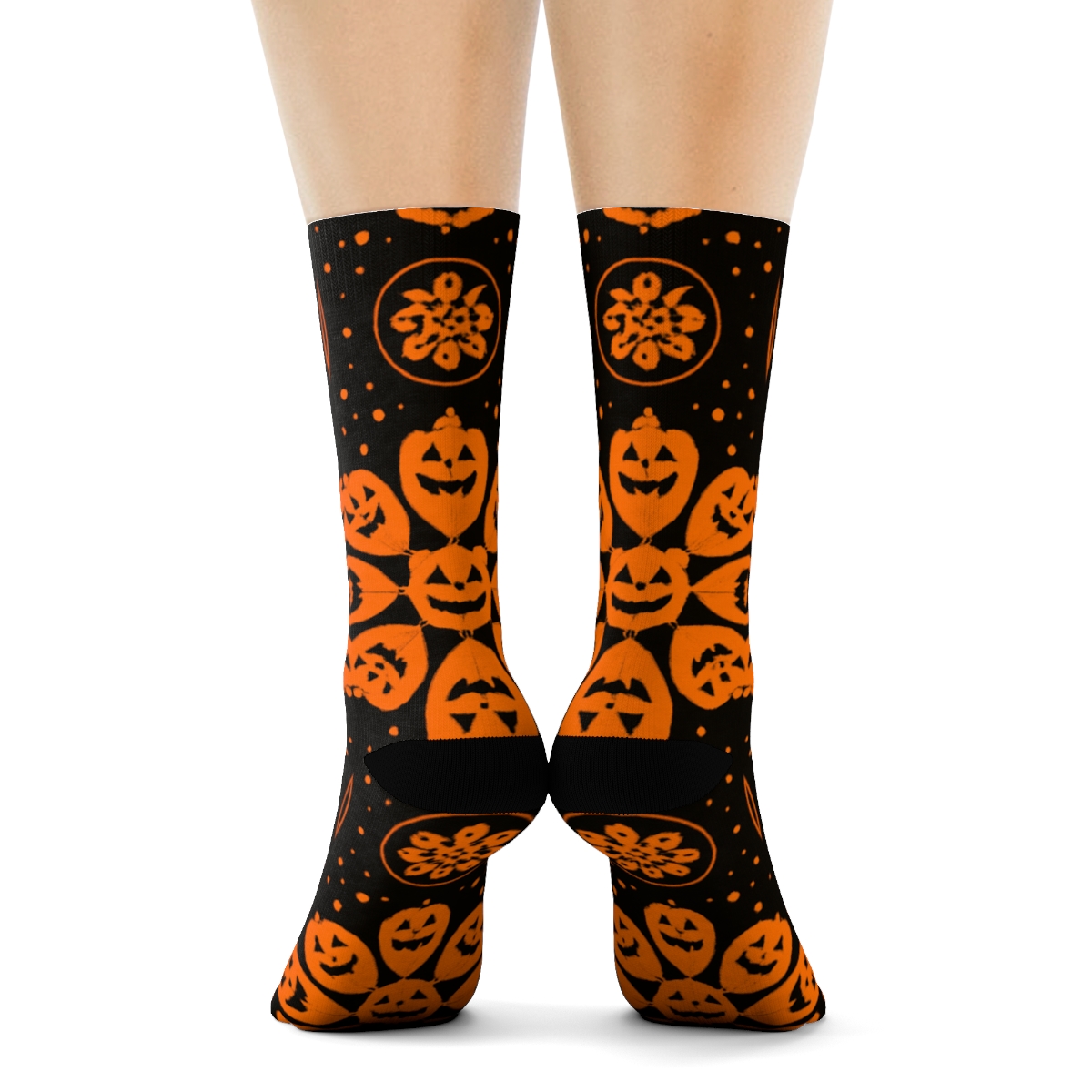 Orange Jack O Lantern Starburst Medallions On Black Background custom crew socks