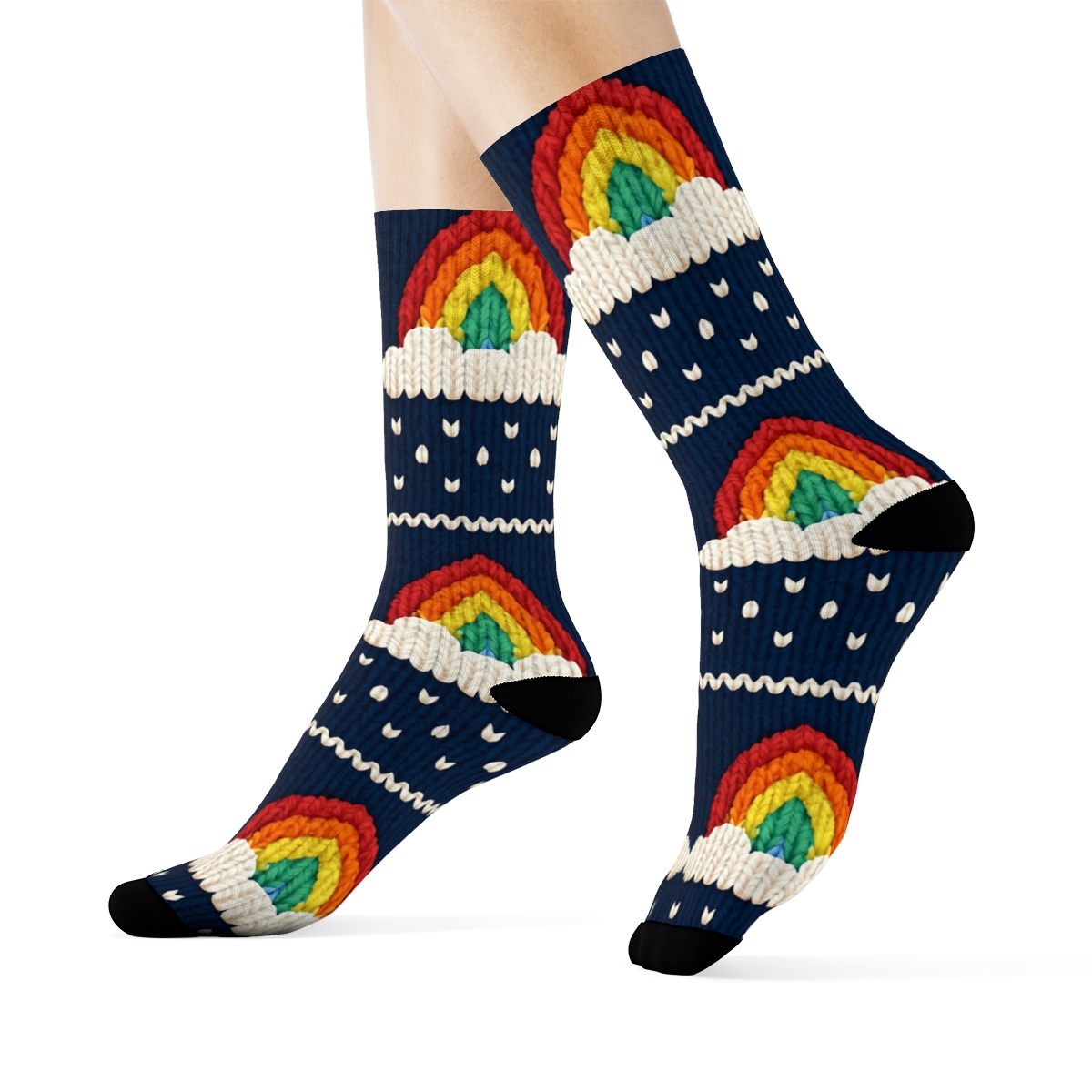 Rainbow Knit Illusion Cable Rows On Midnight Navy personalized crew socks