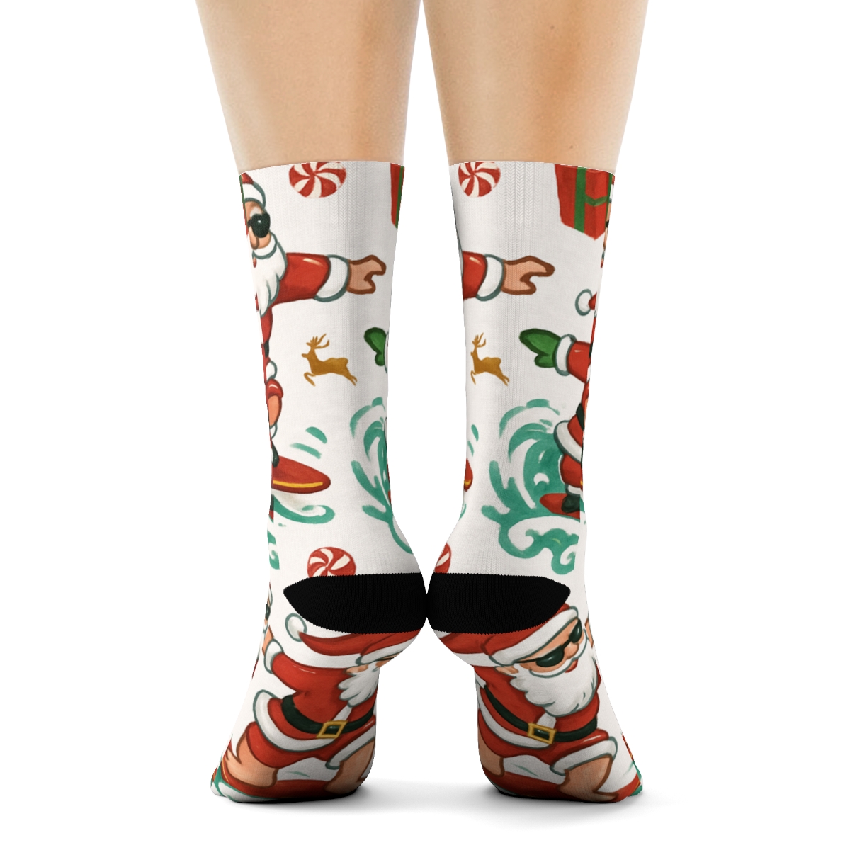Santa Surfing Holiday Collage Repeat soft everyday crew socks