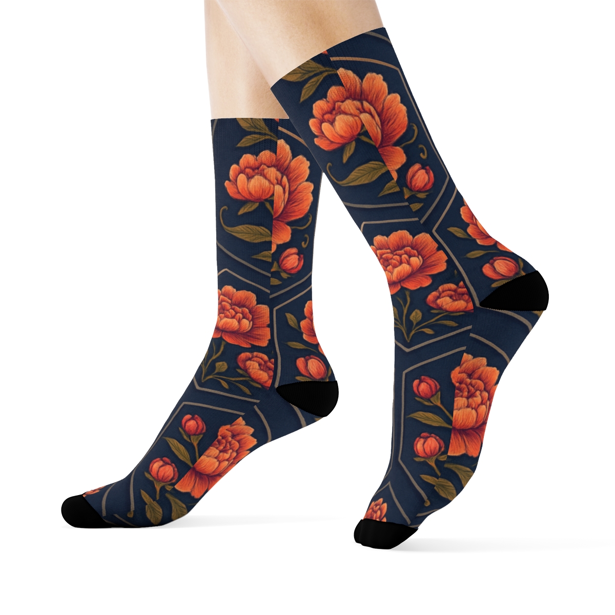 Sunset Peony Medallion Tiles On Deep Indigo Background stylish athletic crew socks
