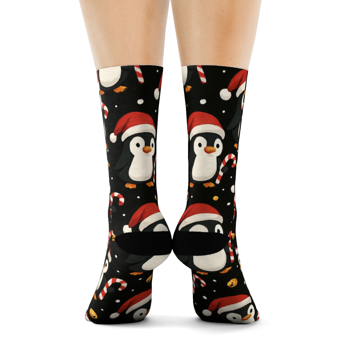 Santa Hat Penguins Candy Cane Grid On Black Background stylish athletic crew socks