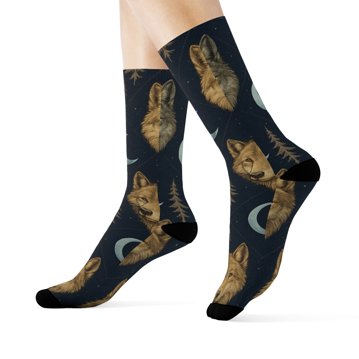 Moonlit Forest Lattice With Gray Wolf Motifs trendy patterned crew socks