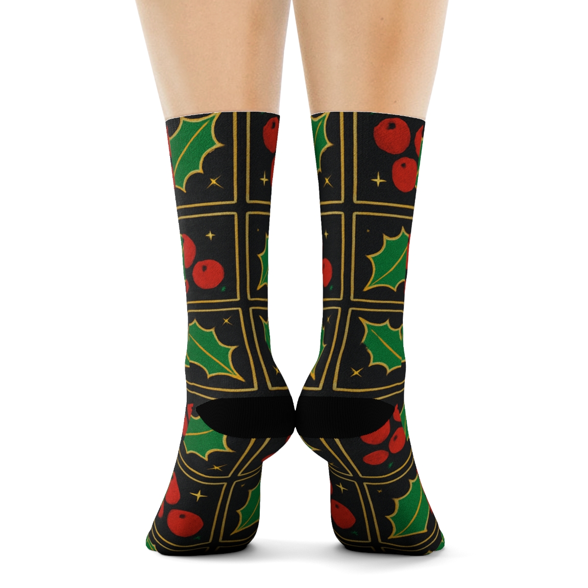 Holly Berry Grid On Charcoal Background designer printed crew socks