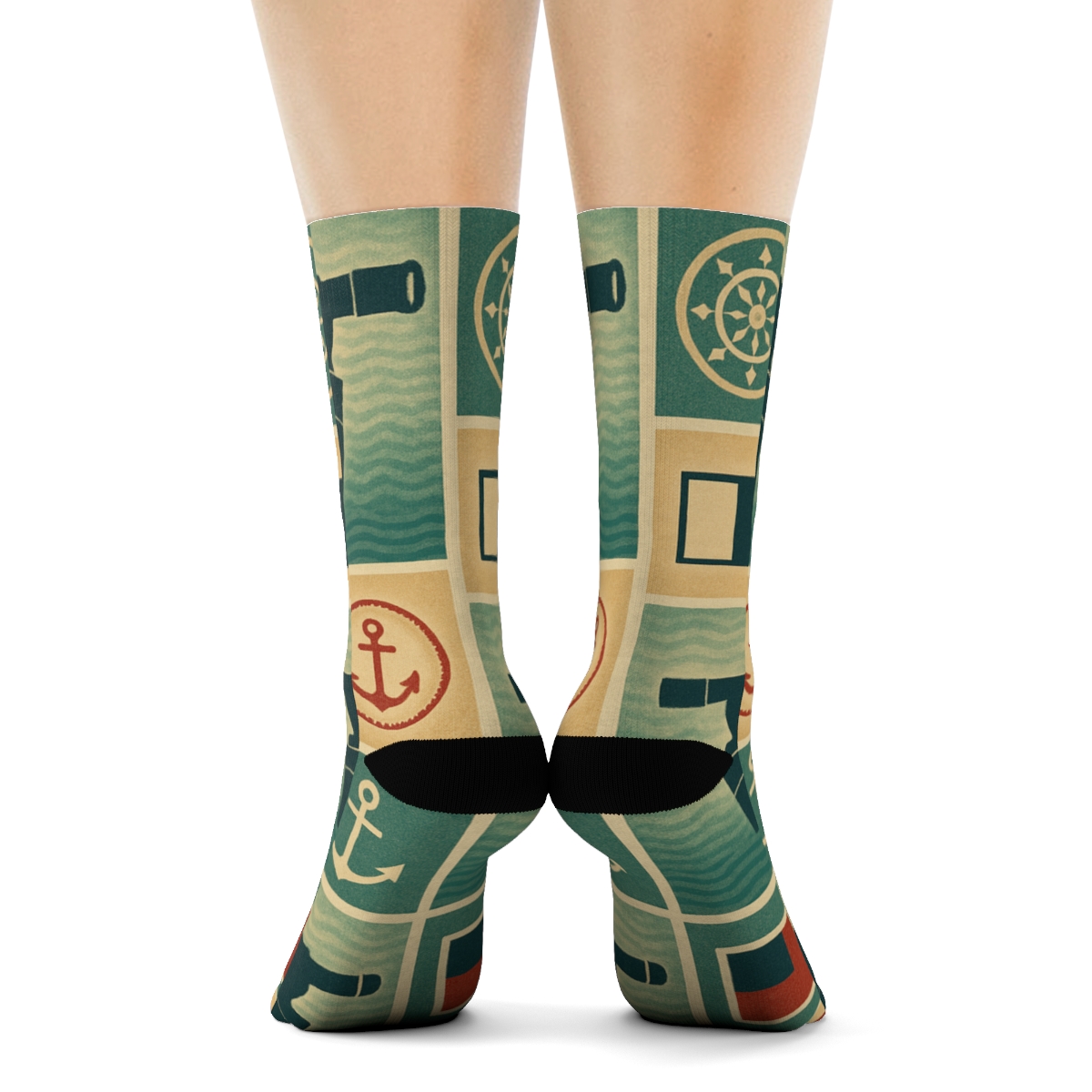 Vintage Nautical Poster Pattern With Ship Captain comfortable cotton crew socks