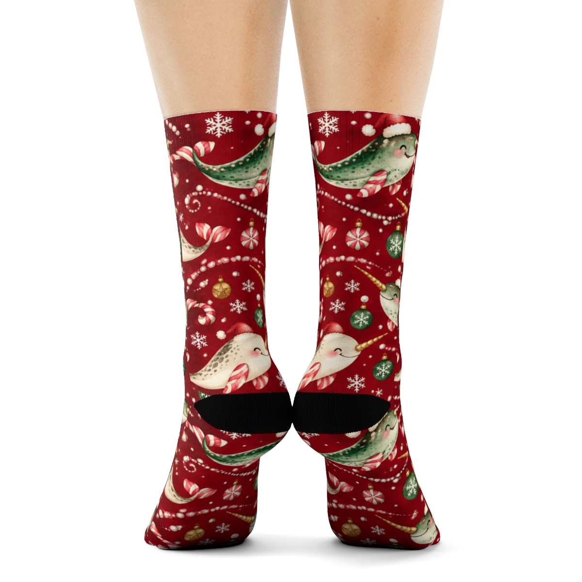 Golden Narwhal Ornament Spiral Waves On Cranberry Background designer printed crew socks [AI-cf2d1482-0b4cfe8ff536]