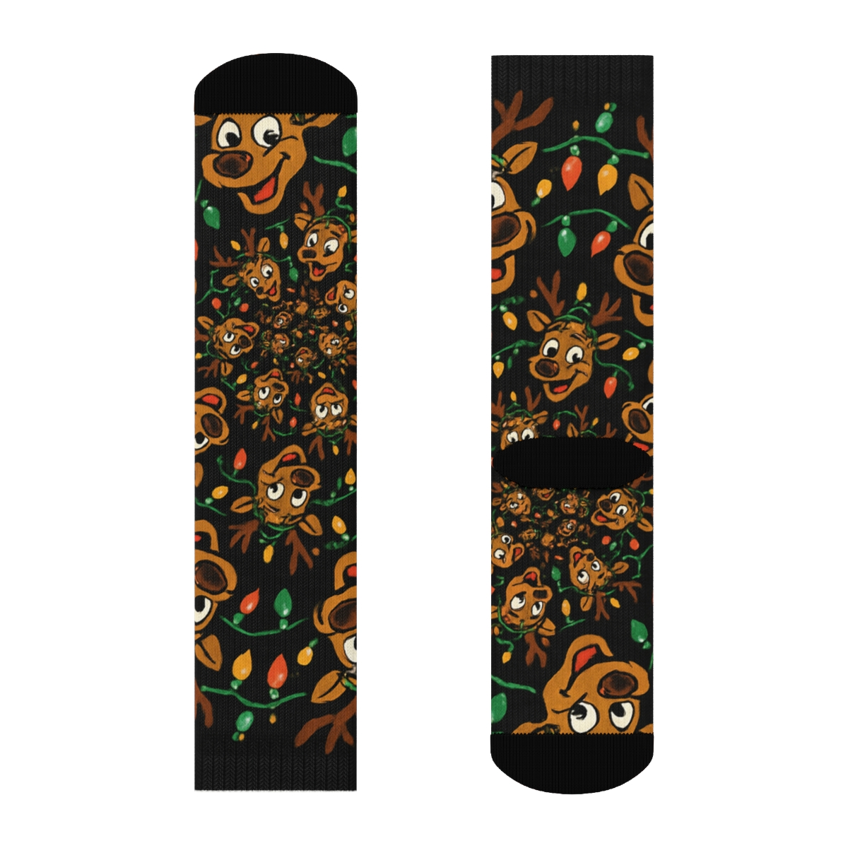 Playful Reindeer Light Spiral On Black comfortable cotton crew socks
