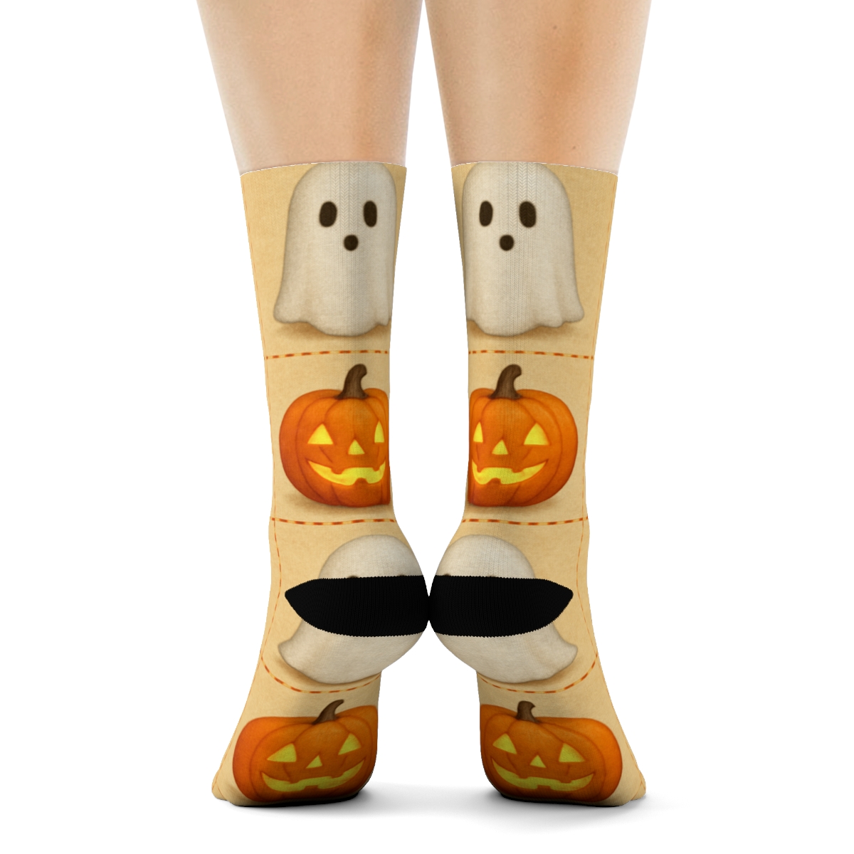 Glowing Pumpkin And Ghost Alternating Grid On Proper Neutral Background trendy patterned crew socks