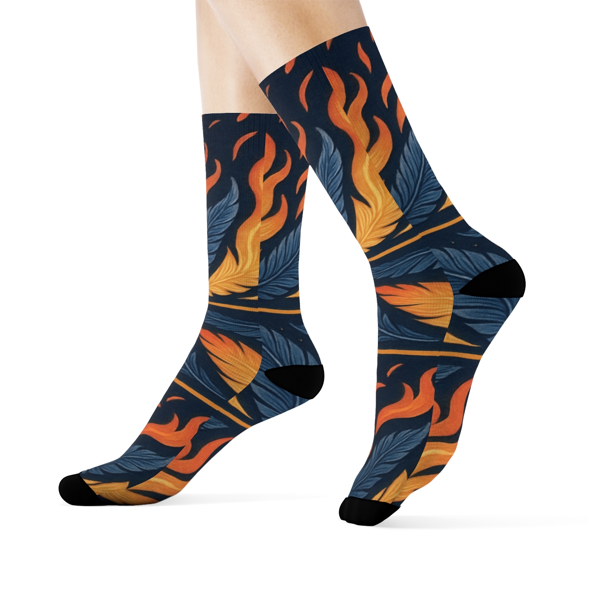Phoenix Feather Flame Wave On Navy premium sports crew socks