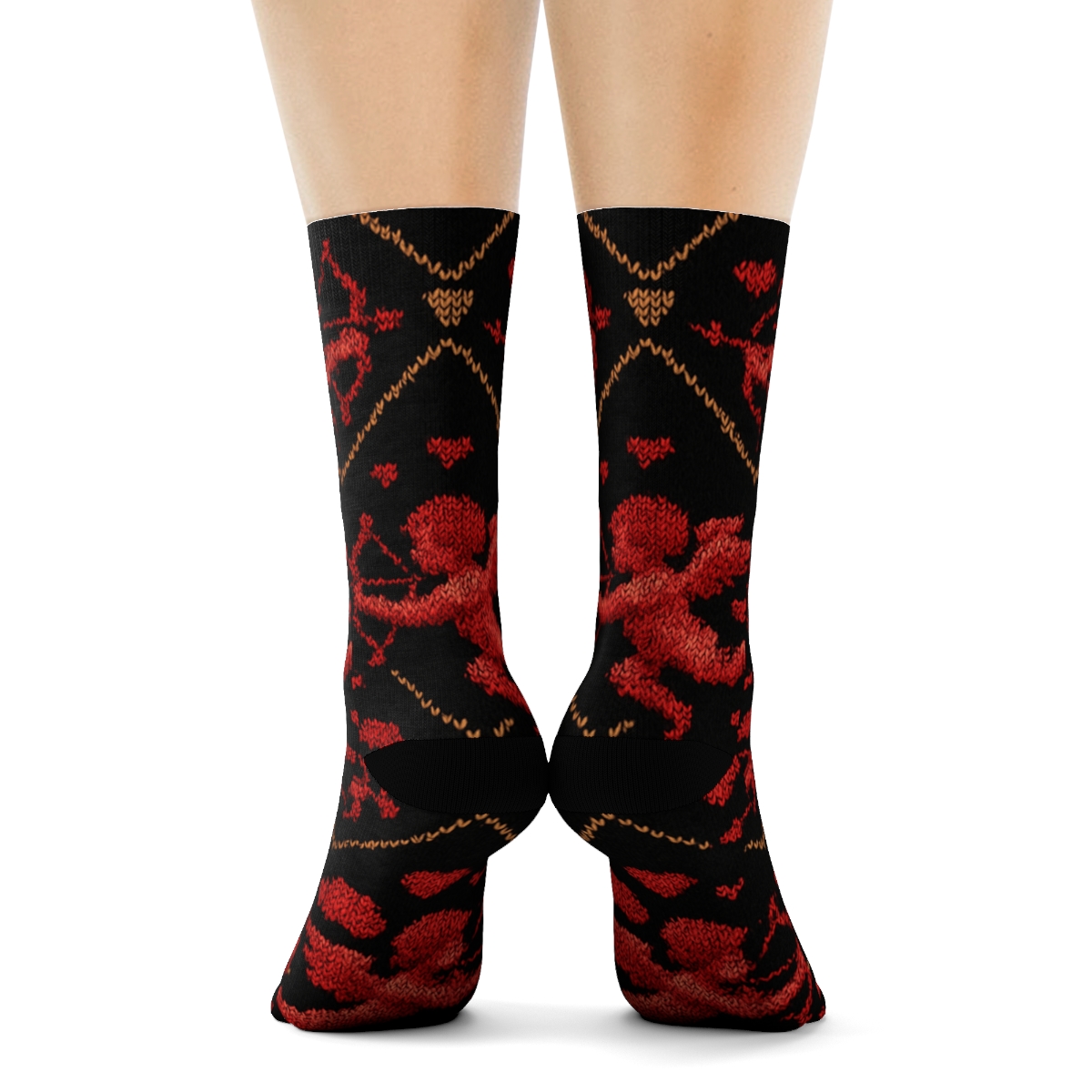 Valentines Cupid Silhouette Knit Illusion Lattice premium sports crew socks