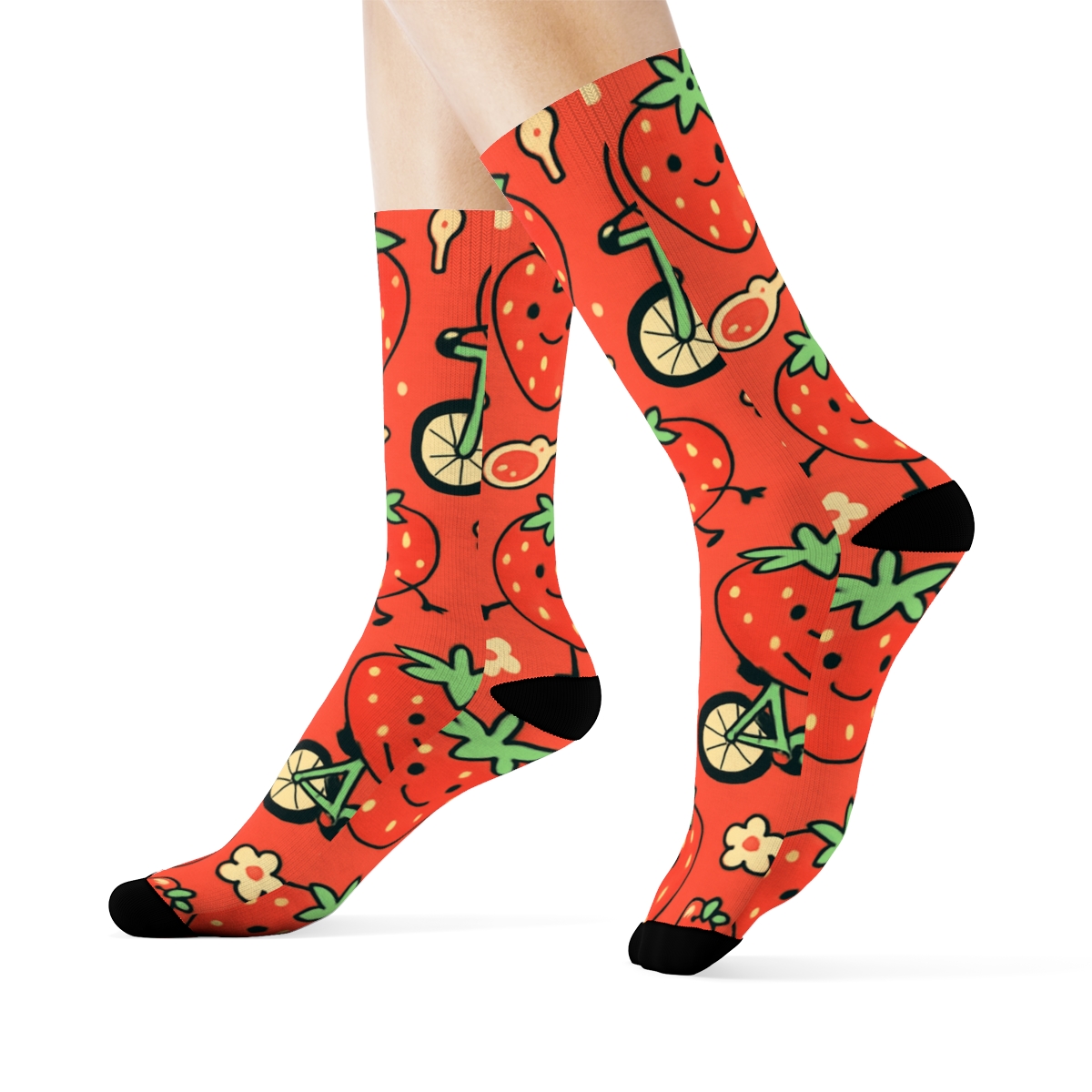 Playful Strawberry Character Scatter On Coral Field trendy patterned crew socks