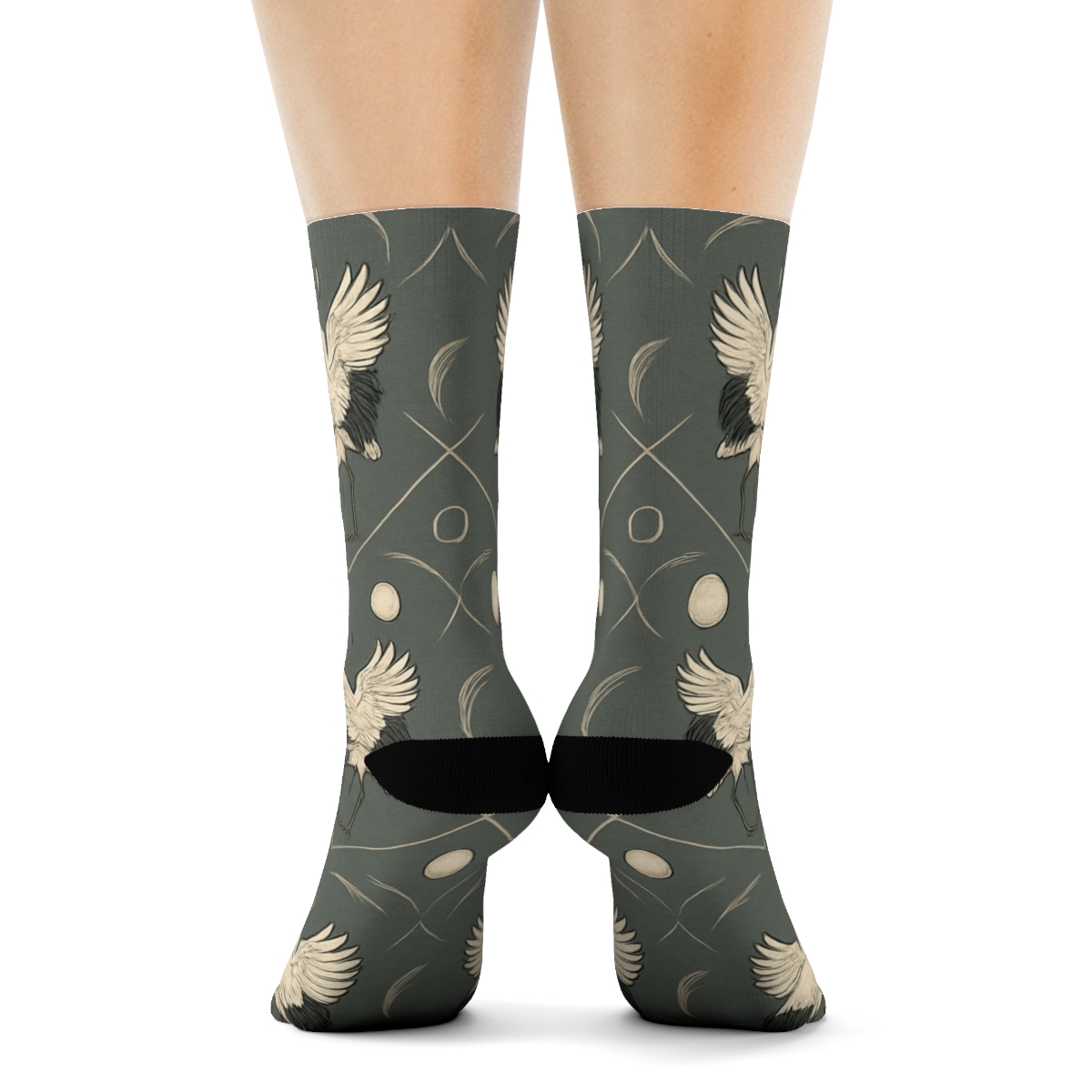 Crane Courtship Mirror Repeat On Slate Background unique graphic crew socksCrane Courtship Mirror Repeat on Slate Background Crew Socks - Image 4