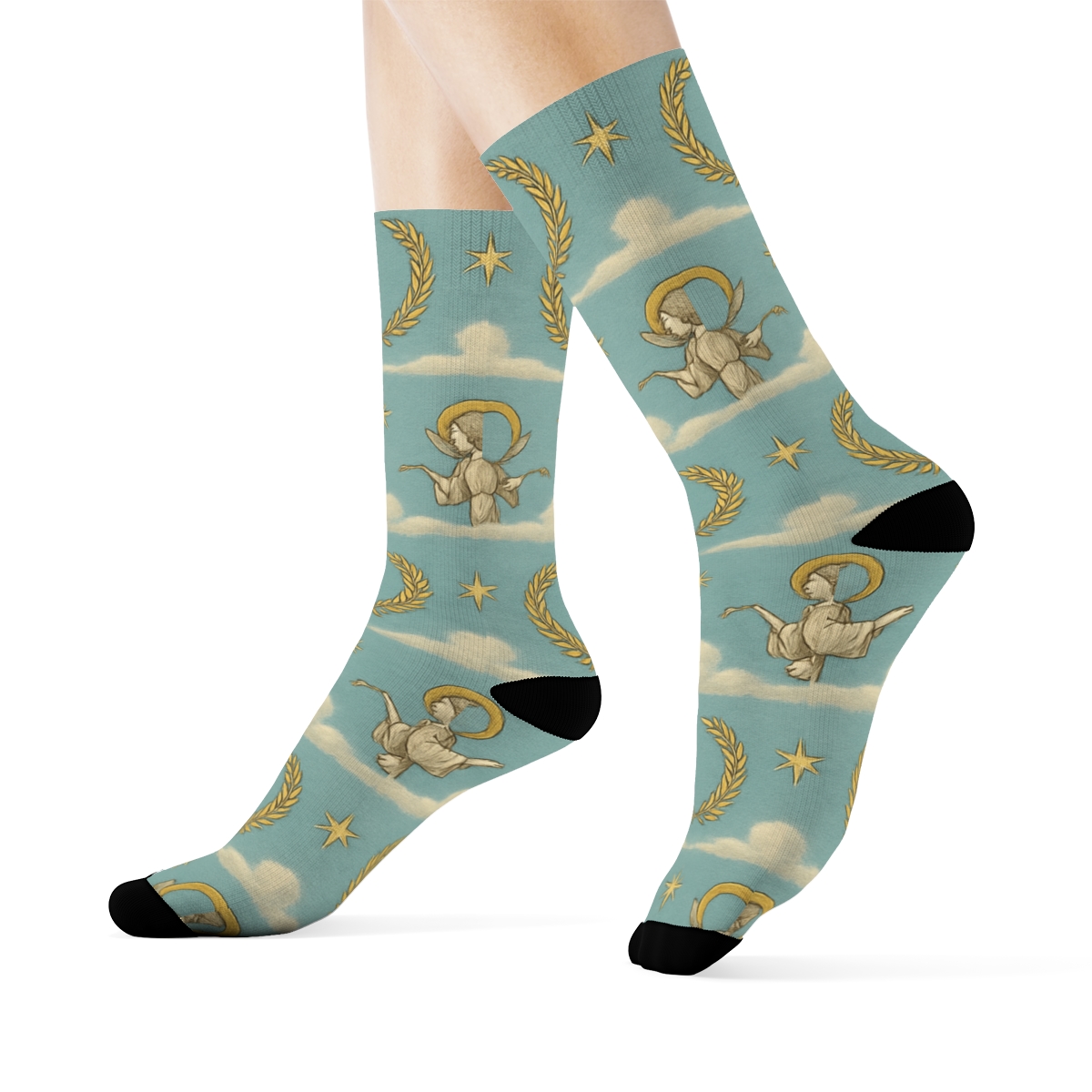 Sky Blue Heralds Angel Pattern Bands stylish athletic crew socks