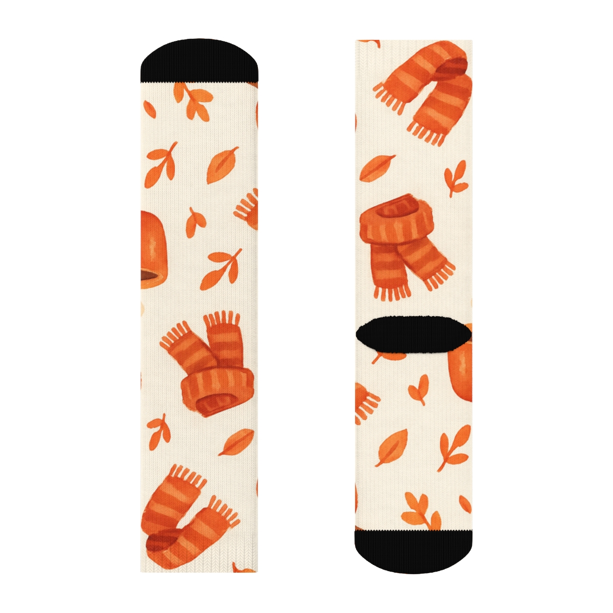 Scattered Coffee Mug And Scarf Motif On Ivory trendy patterned crew socks