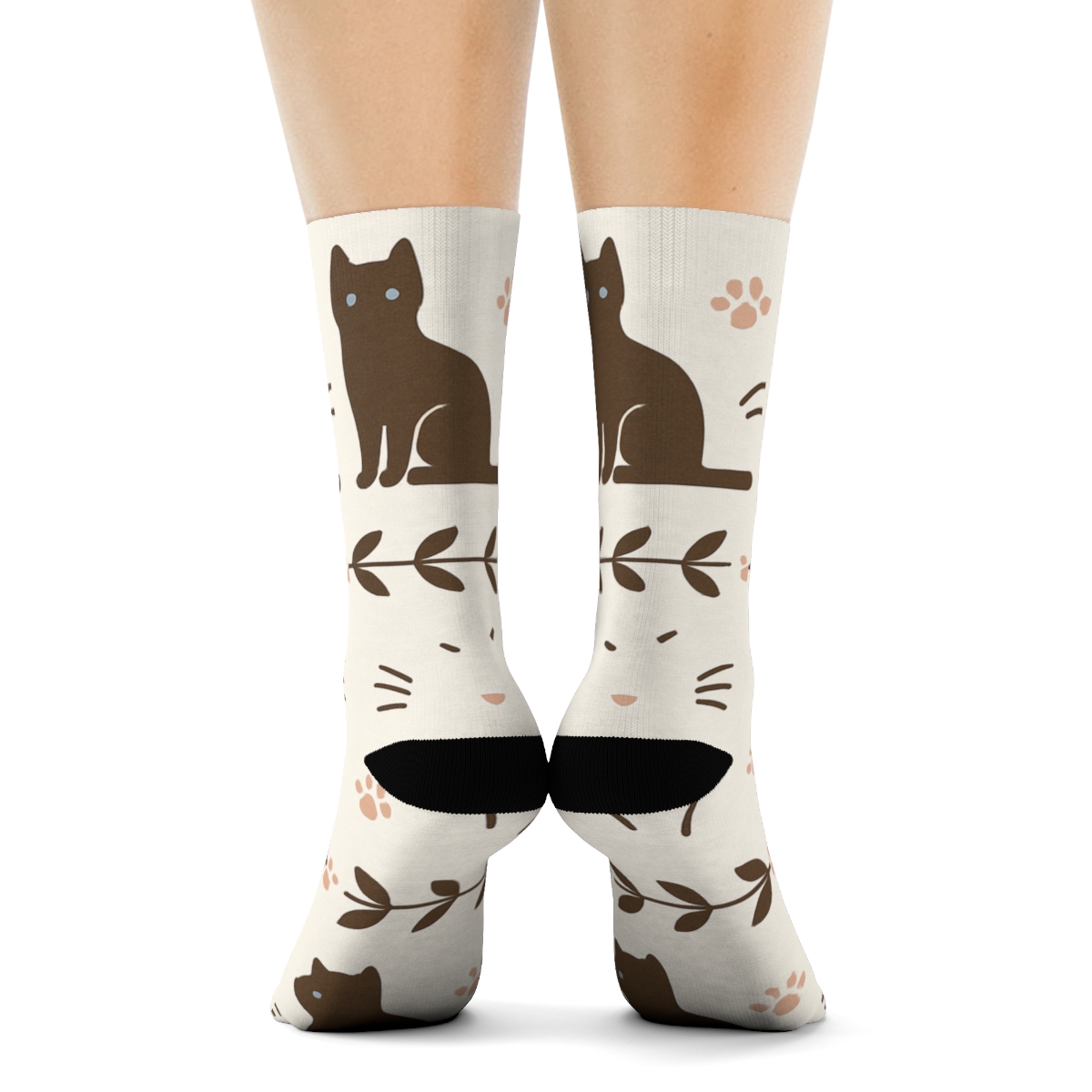 Botanical Bands In Warm Cream, Paws And Cat Silhouettes premium sports crew socks
