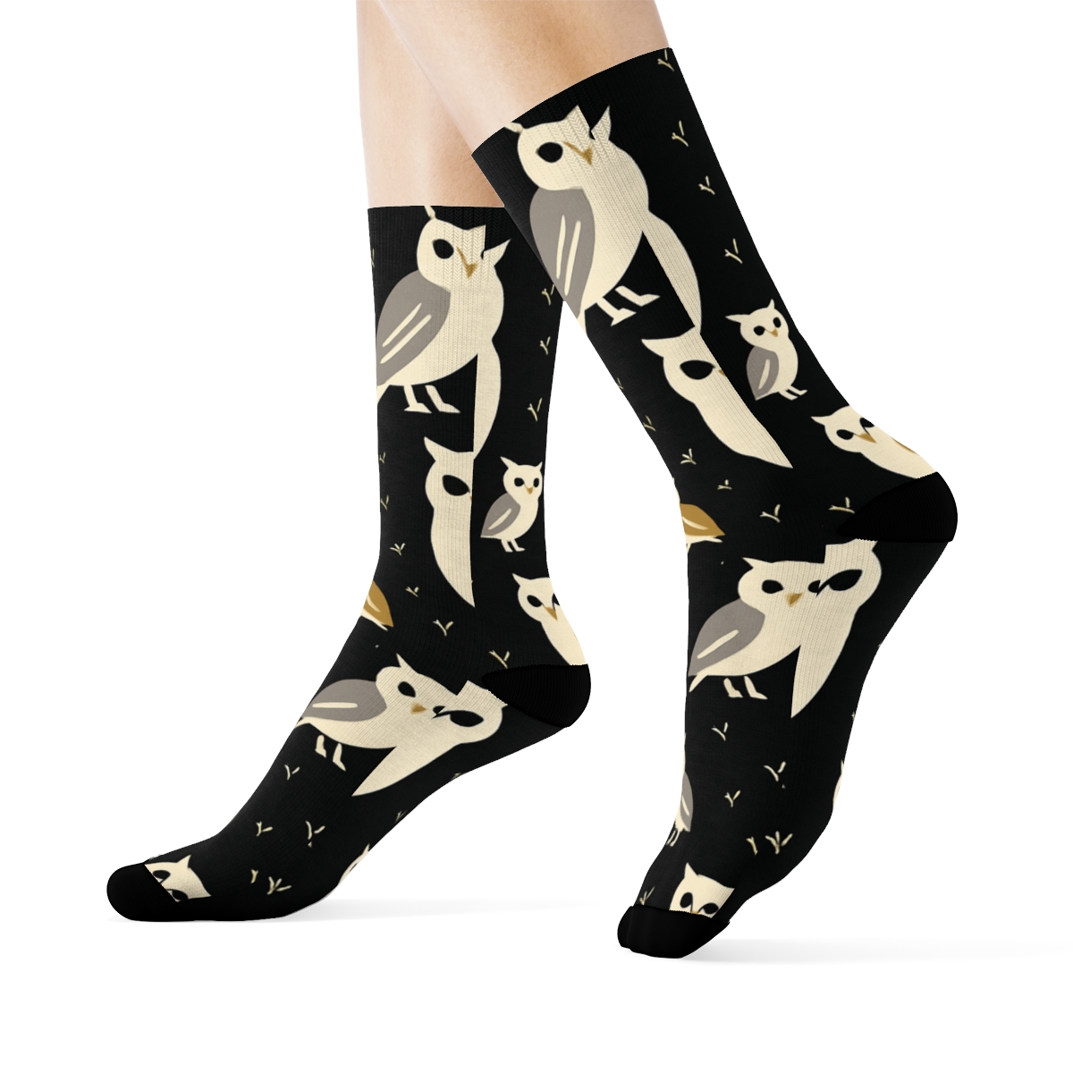 Owl Silhouette Feather Accent Diagonal Array On Black Background custom crew socks