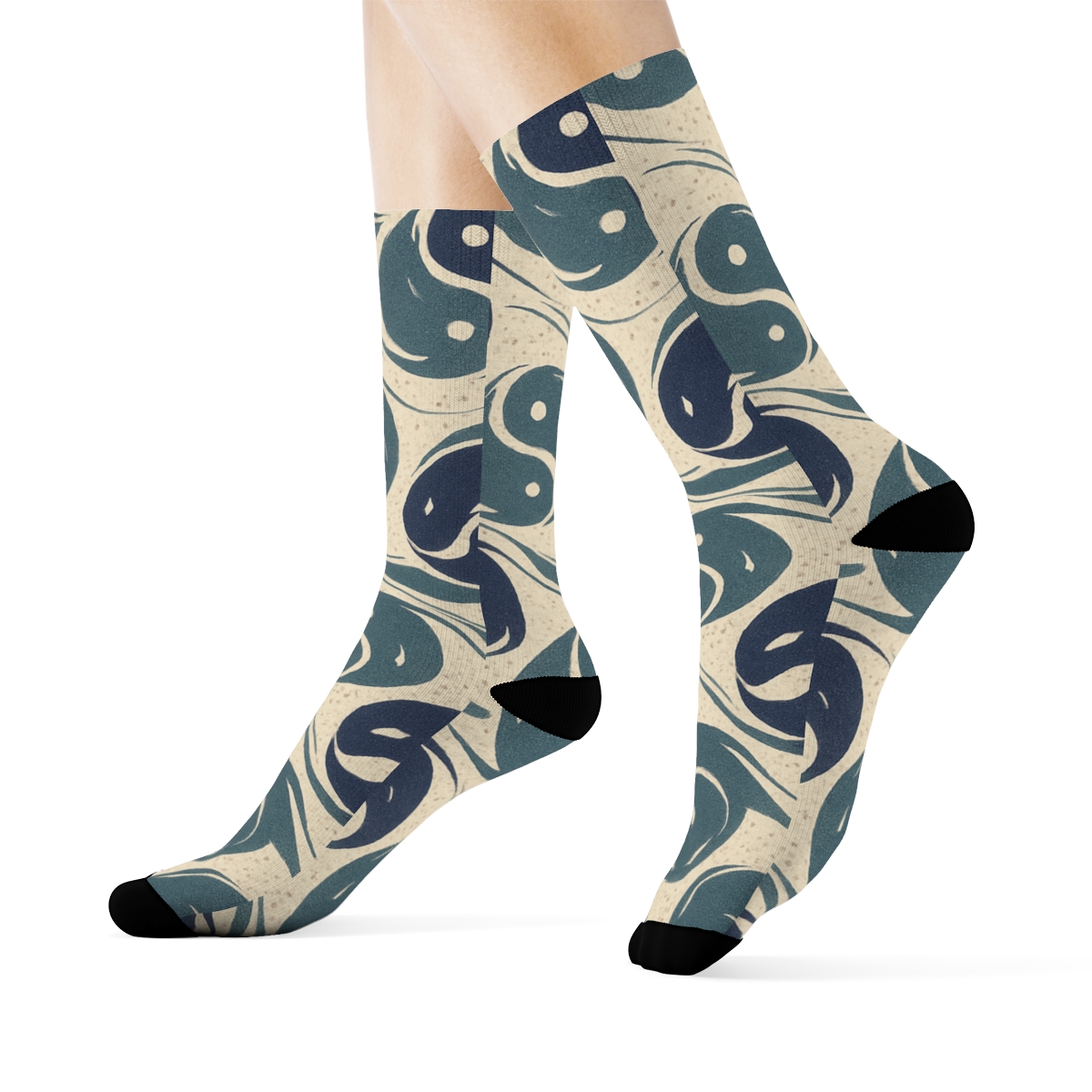 Indigo Koi Duality Waves On Pale Cream personalized crew socksIndigo Koi Duality Waves on Pale Cream Crew Socks - Image 3