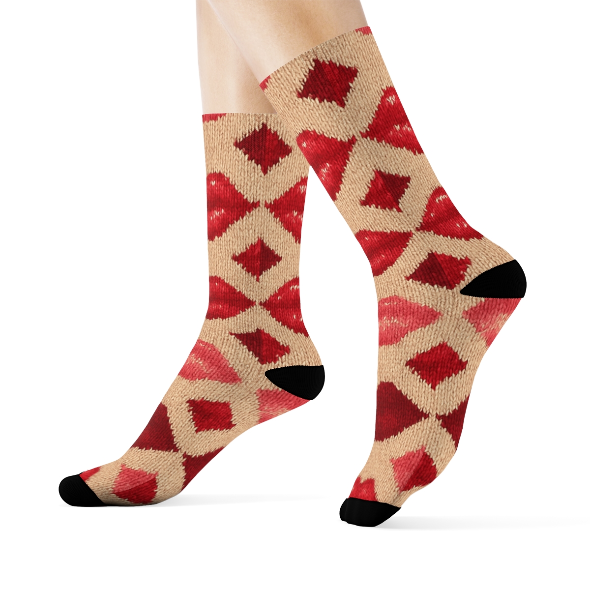 Kiss Mark Knit Illusion Lip Chevron On Warm Beige premium sports crew socks
