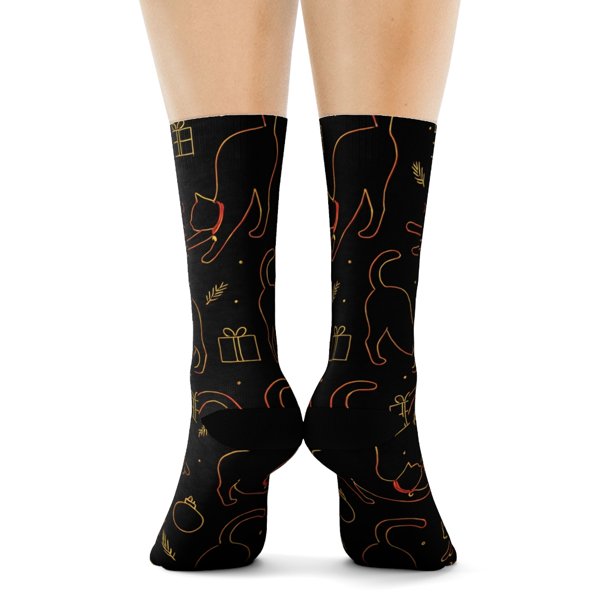 Midnight Sleigh Cat Silhouette Grid On Black Background premium sports crew socks