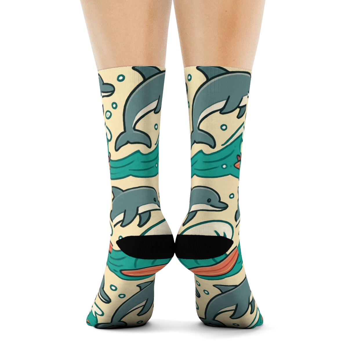 Dolphin Surf Parade On Sandy Beige premium sports crew socks