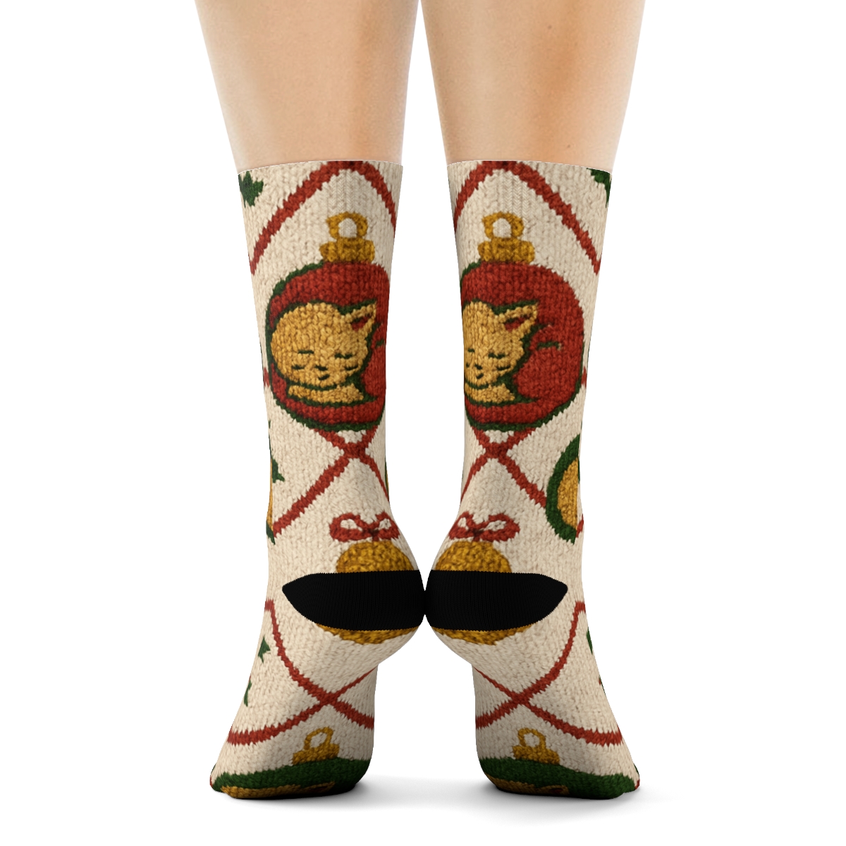 Crimson Knitted Kittens Ornament Lattice On Ivory Background premium sports crew socks