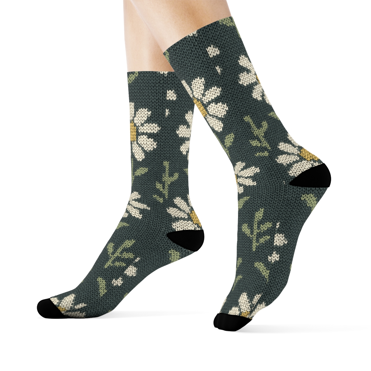 Cream Daisy Knit Grid On Charcoal Background personalized crew socks
