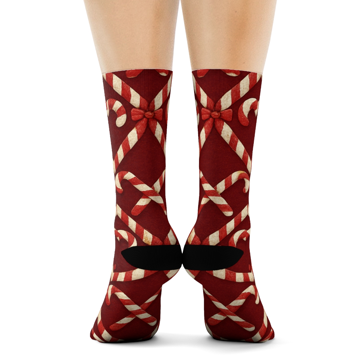 Candy Canes Lattice On Deep Holiday Red Field personalized crew socks