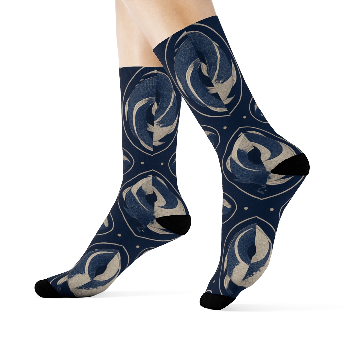 Dual Koi Circle Progression On Deep Indigo designer printed crew socks