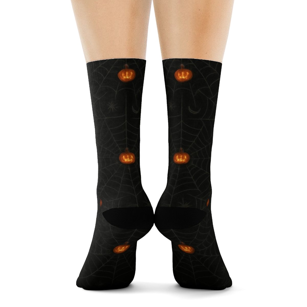 Spider Web Overlay With Orange Pumpkins On Black Background unique graphic crew socks