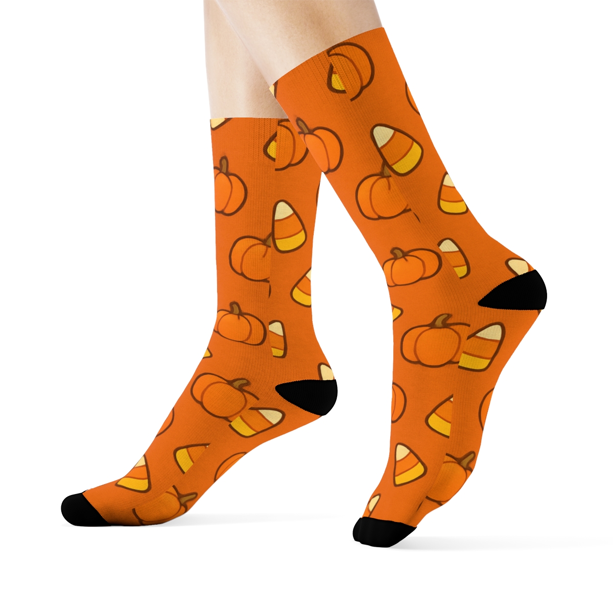Scattered Mini Pumpkins And Candy Corn On Orange Background custom crew socksScattered Mini Pumpkins and Candy Corn on Orange Background Crew Socks - Image 3