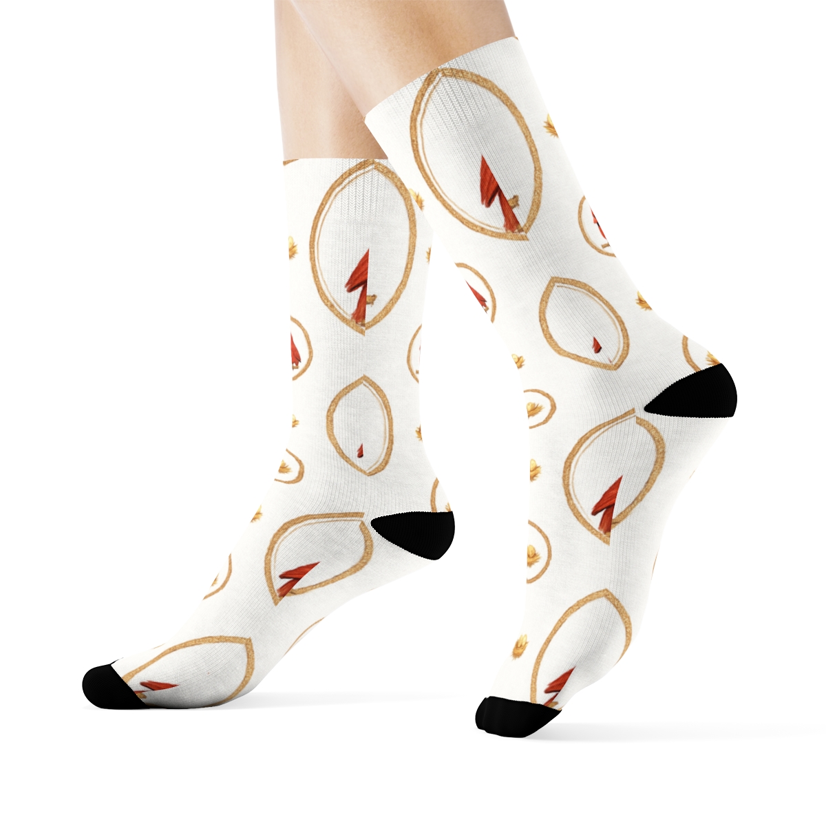 Cardinal Perch Medallions On Snow White Background trendy patterned crew socks