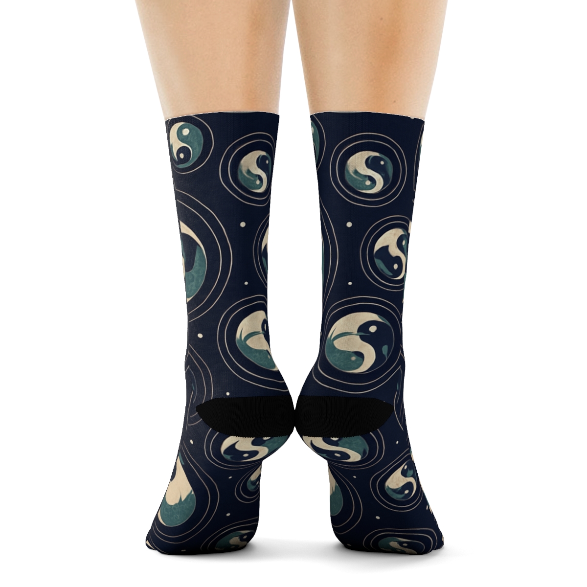 Dual Koi Circle Progression On Deep Indigo unique graphic crew socks