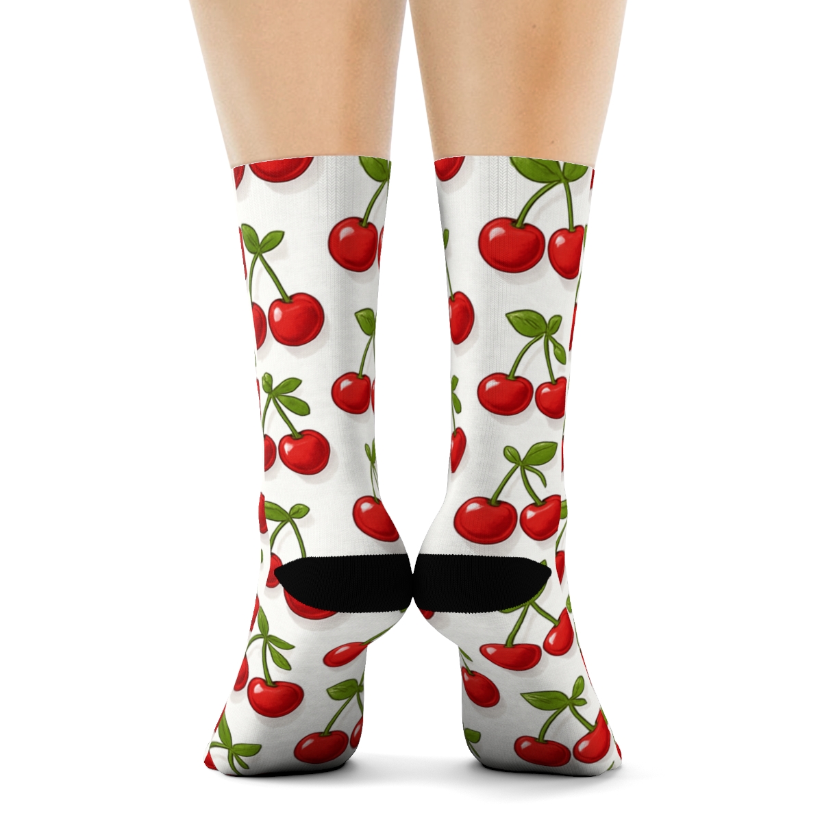 Glossy Paired Cherry Grid On White premium sports crew socks