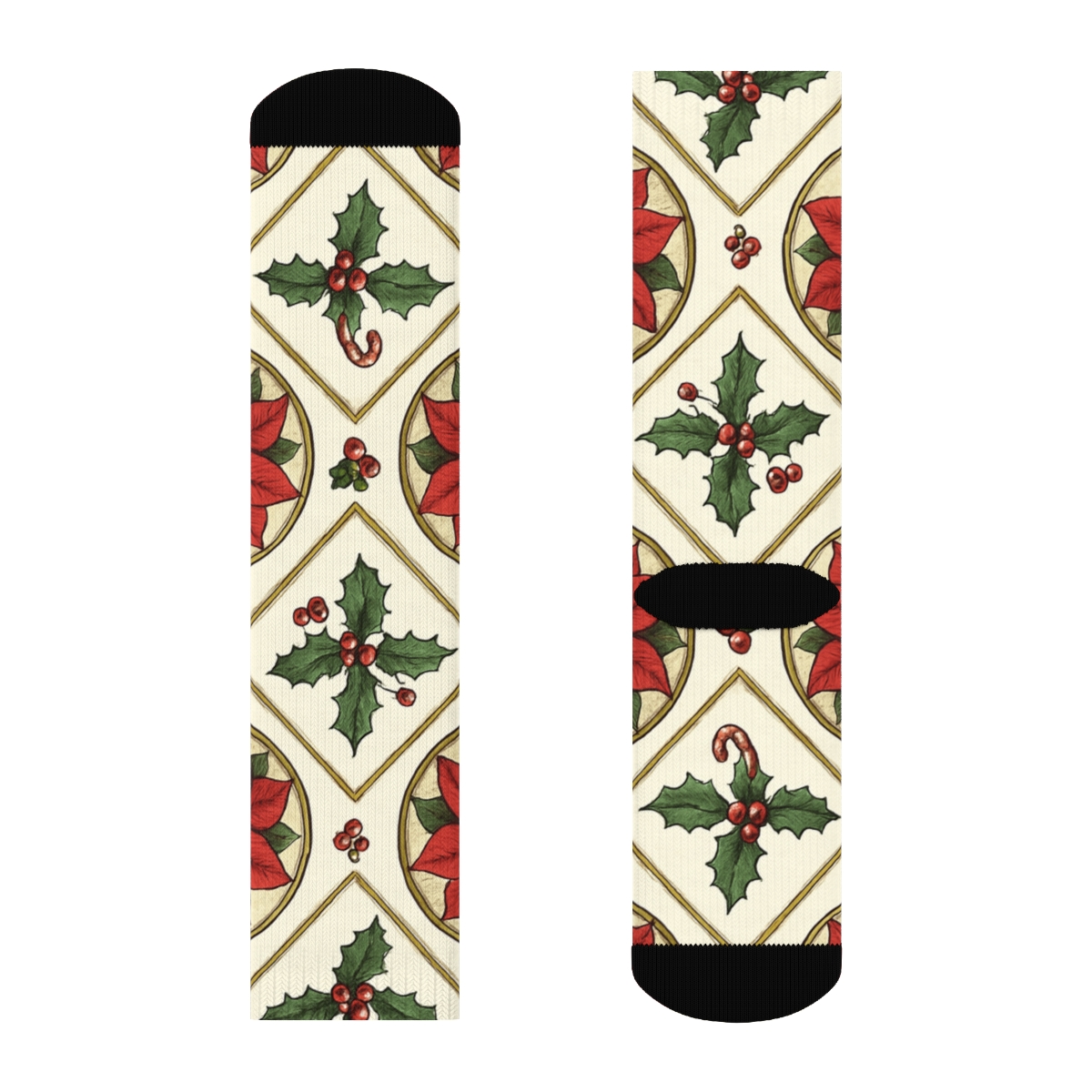 Crimson Poinsettia Ornament Lattice On Snow White Background soft everyday crew socks