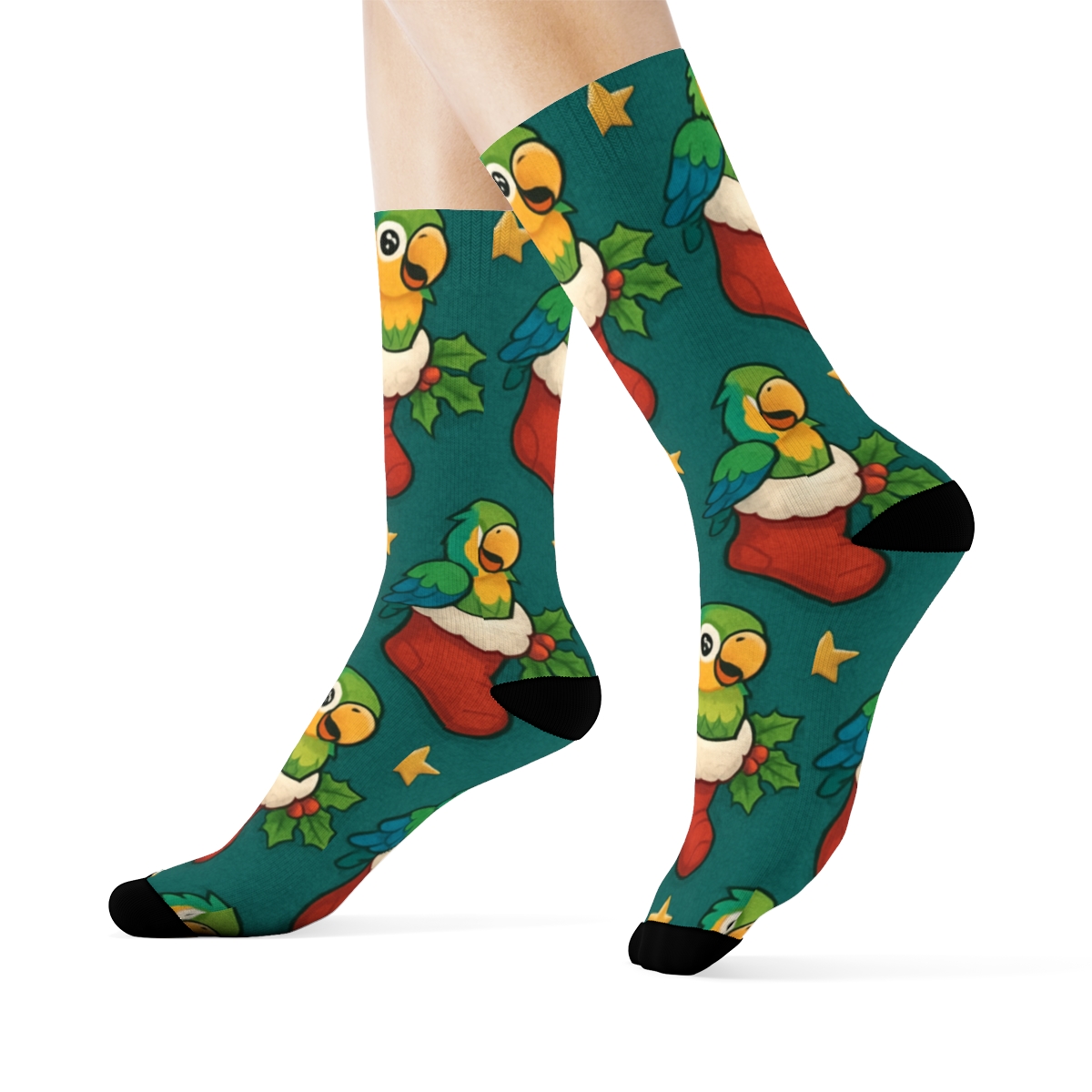 Parrot Stocking Garland Repeat On Teal Background unique graphic crew socks
