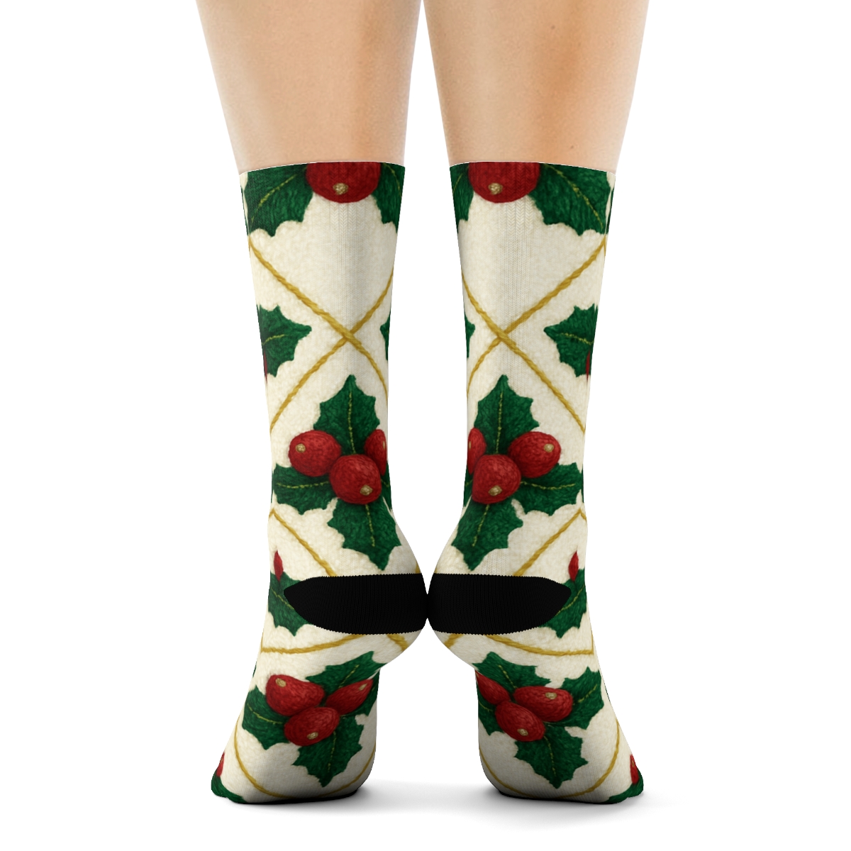 Scarlet Holly Grid On Ivory Background comfortable cotton crew socks