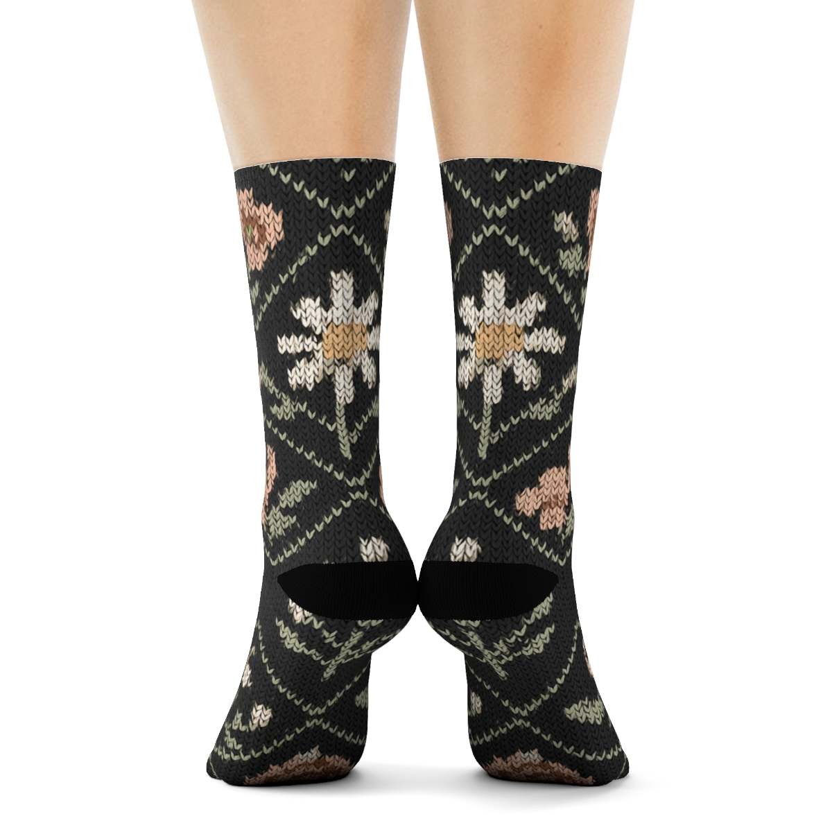 Sage Wildflower Knitted Lattice On Charcoal Background custom crew socks