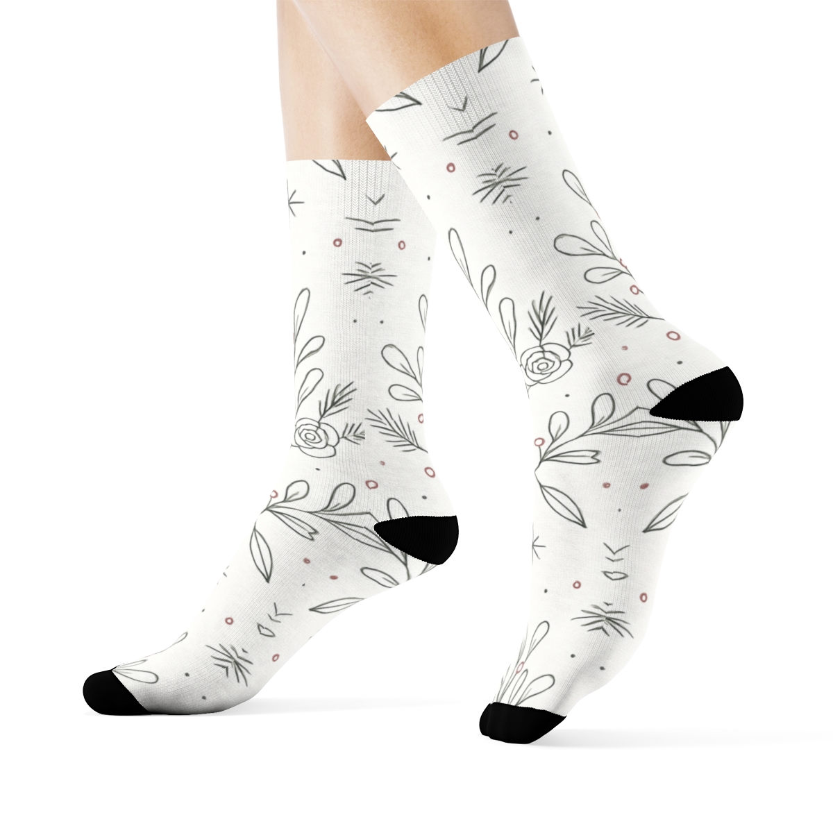 Ivory Mistletoe Line Art Lattice On Snow White Background personalized crew socks