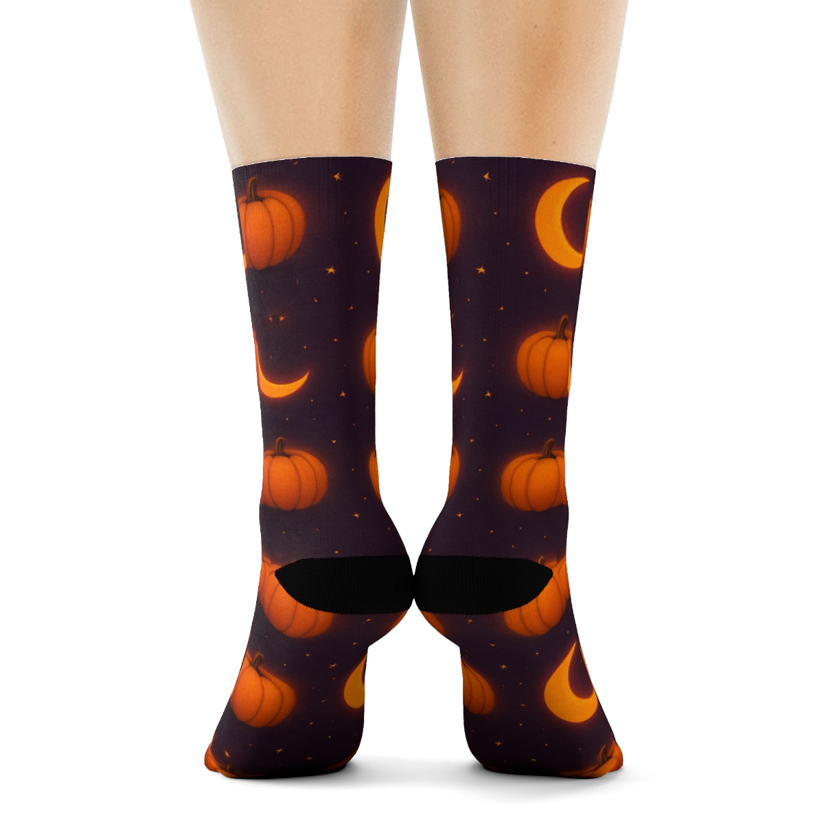 Crescent Moon And Pumpkin Halo Bands On Deep Purple Night Background comfortable cotton crew socks