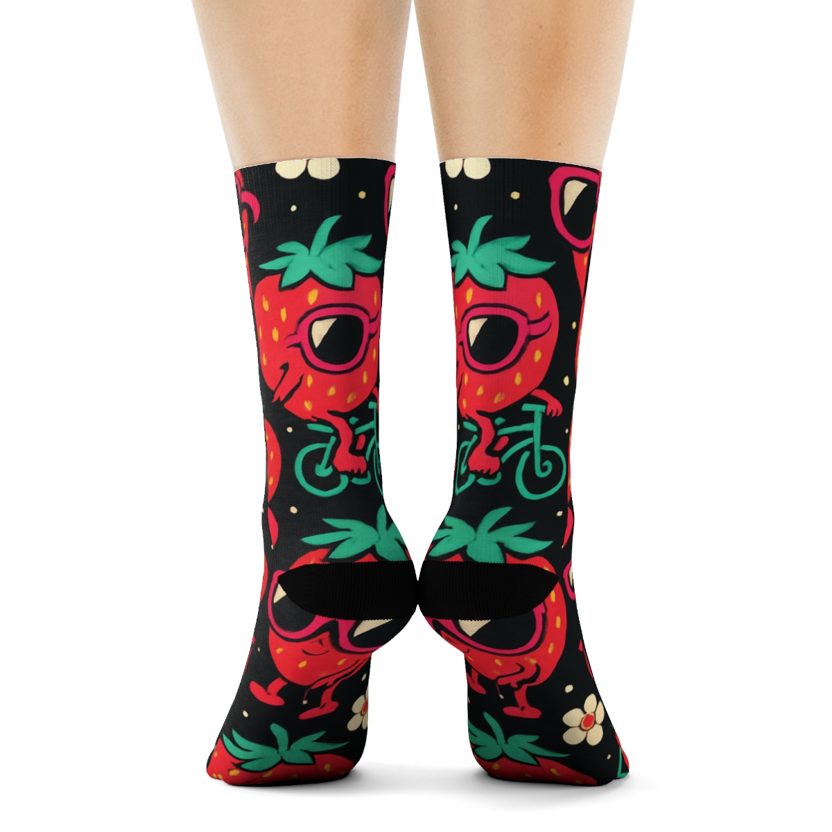 Playful Sunglasses Strawberry Parade On Black Background trendy patterned crew socks