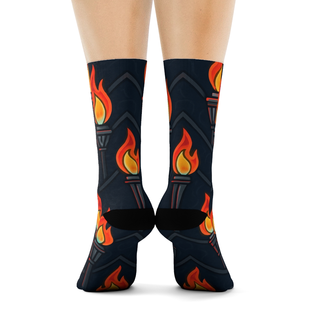 Neon Tiki Torch Chevron Bands On Midnight Navy trendy patterned crew socks