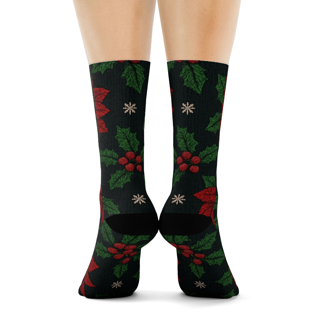Embroidered Poinsettia Holly Knit Lattice On Charcoal Background comfortable cotton crew socks