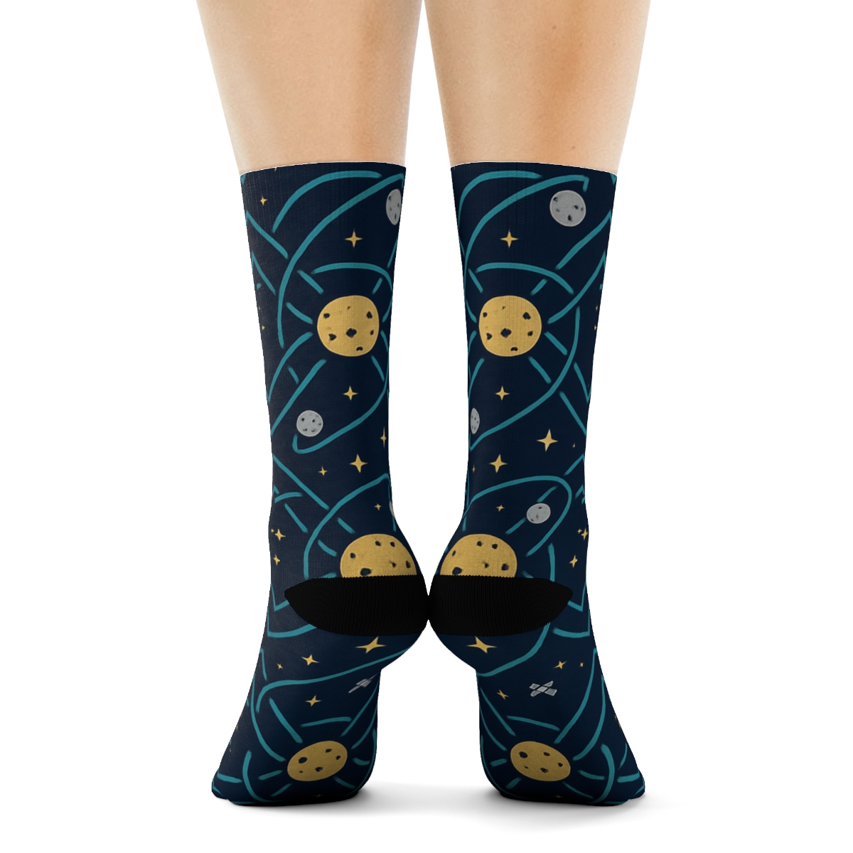 Ionized Teal Orbital Band Tessellation On Deep Navy custom crew socks