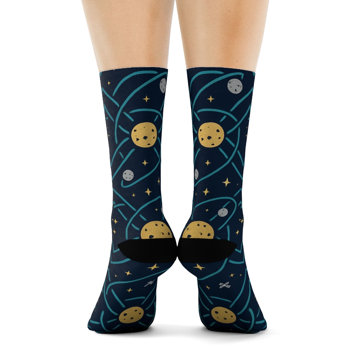 Ionized Teal Orbital Band Tessellation On Deep Navy custom crew socks