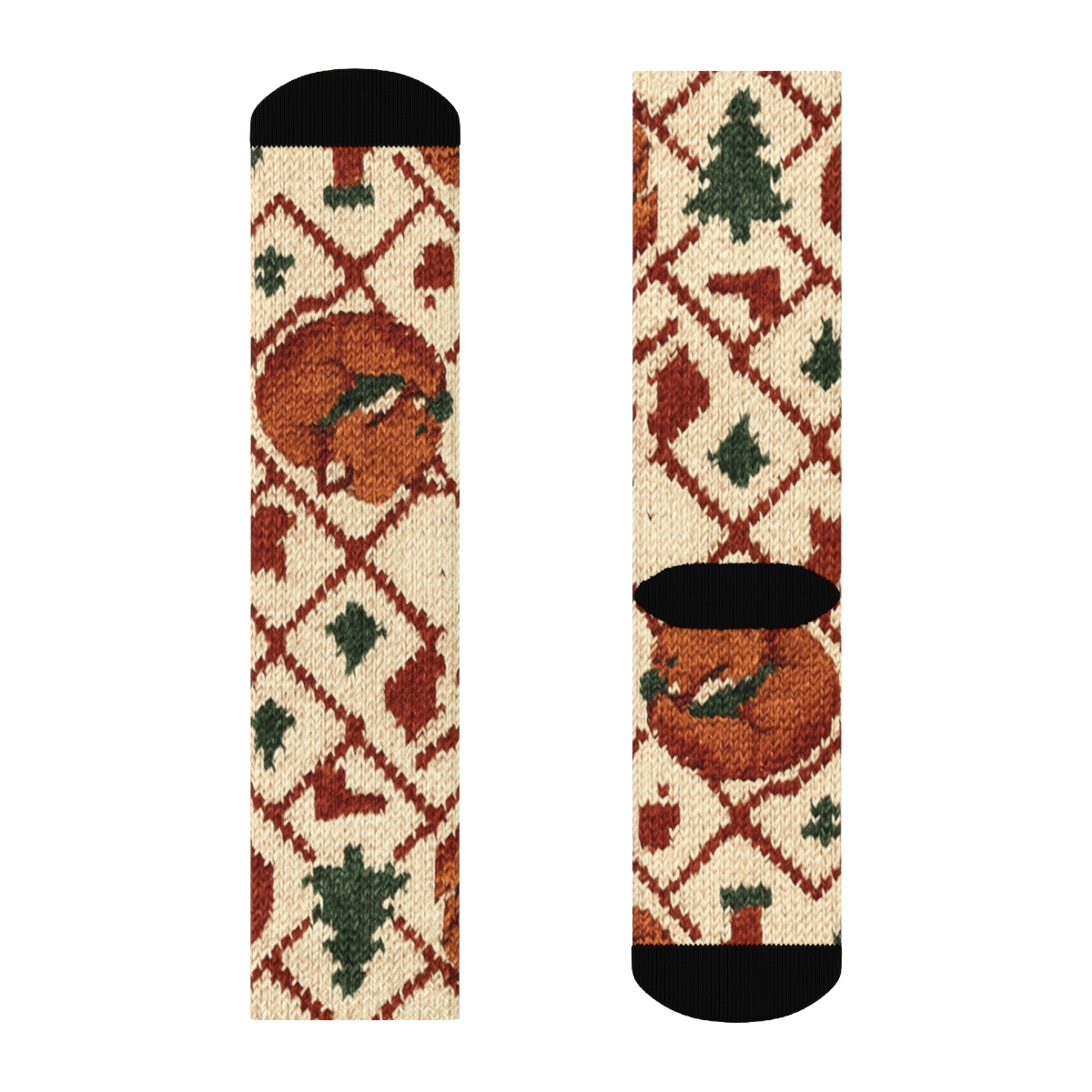 Cozy Knitted Fox Fair Isle Lattice On Cream Background designer printed crew socks