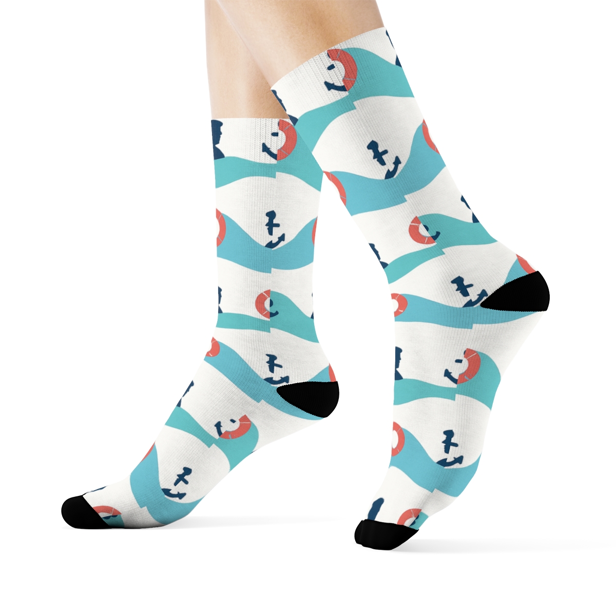 Wave Stripes With Nautical Sailor Icons trendy patterned crew socks