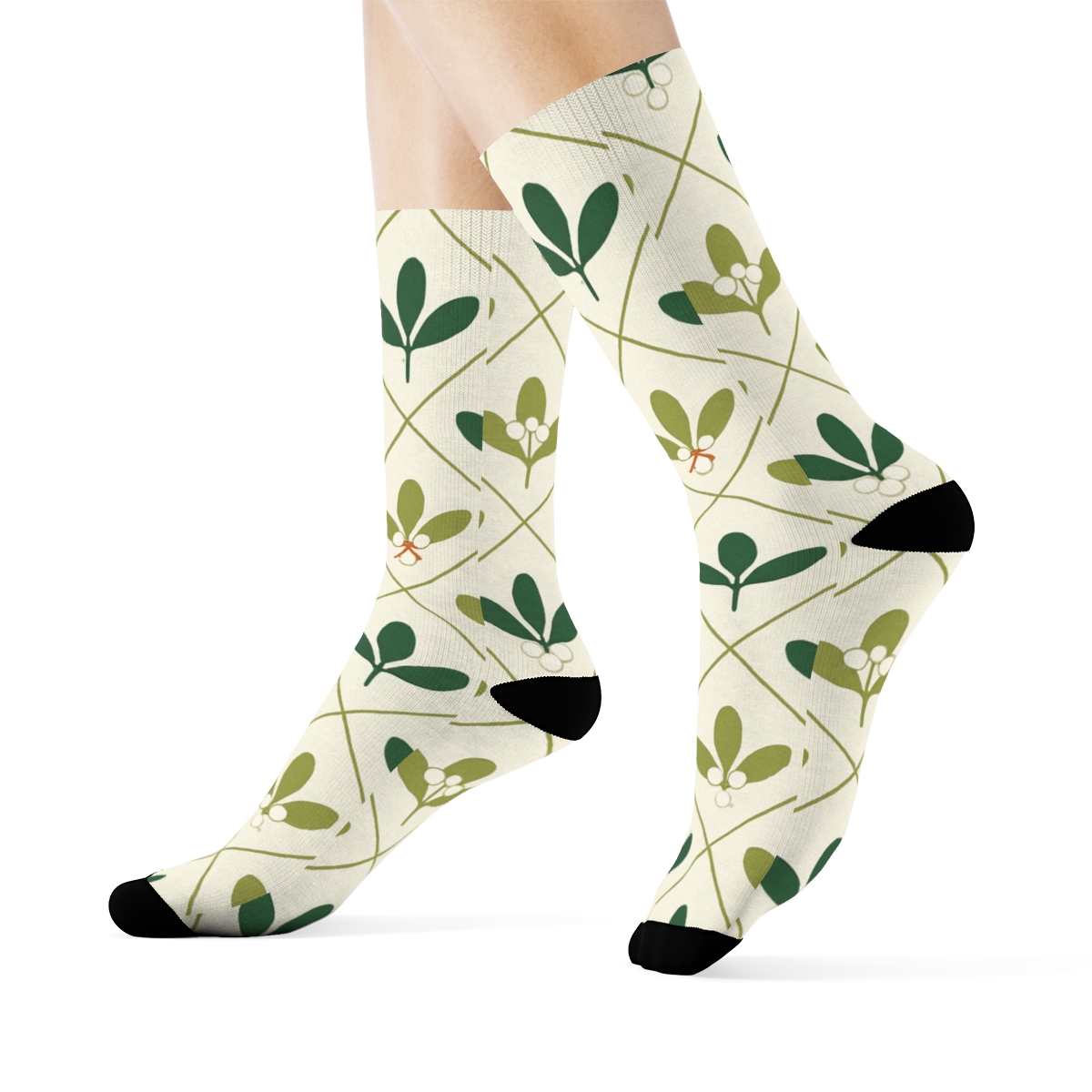 Minimal Leaf Tessellation With White Berries, Mistletoe Edition trendy patterned crew socks